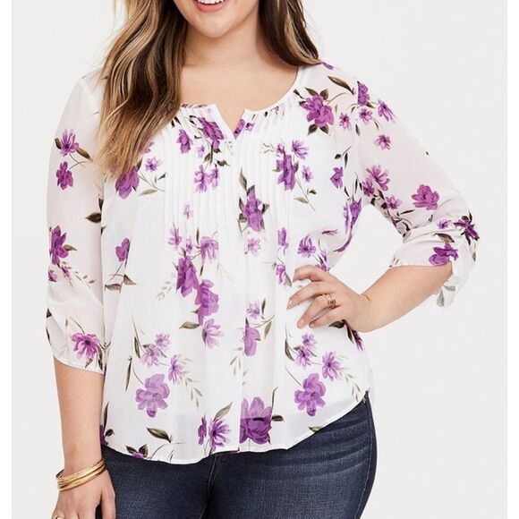 torrid Tops - Torrid Floral Chiffon Blouse Pintuck Detail Ruched 3/4 Sleeve Flowy Women's M/L